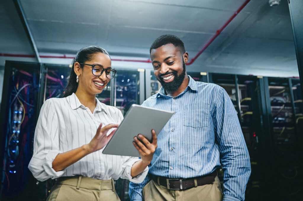 data center workers work from tablet